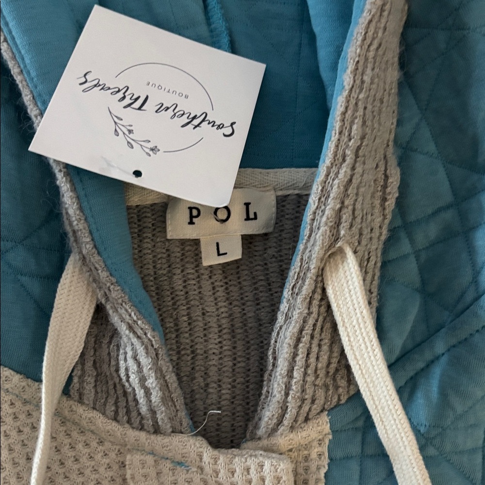 POL Quilted/Waffle Knit Hooded Shaket- Blue and Cream - Picture 6 of 8